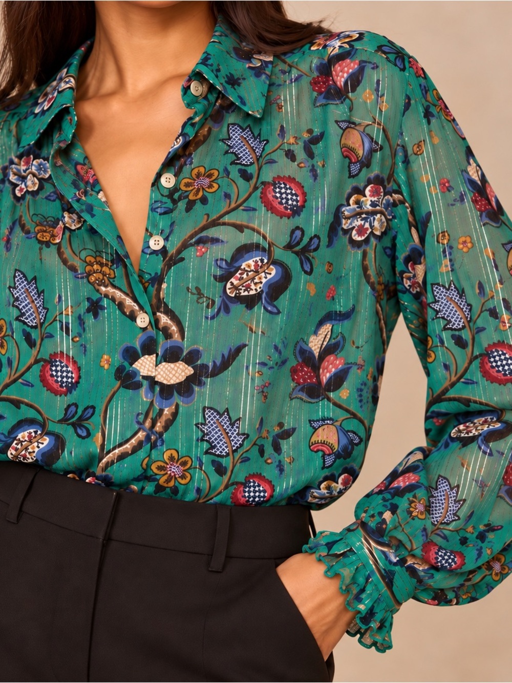 Scotch & Soda Maison Scotch Emerald Floral Sheer Metallic Blouse Size 6 - Picture 2 of 14